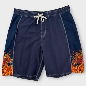 Utobia Board Shorts Mens XXL Dragon Flames Print Swim Trunks Y2K Streetwear Blue